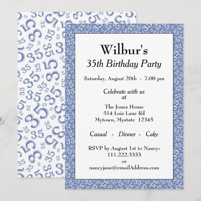 Invitation 35e anniversaire Thème Motif bleu et blanc (Devant / Derrière)