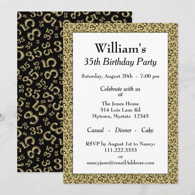 Invitation 35e fête d'anniversaire Gold et Motif noir (Devant / Derrière)