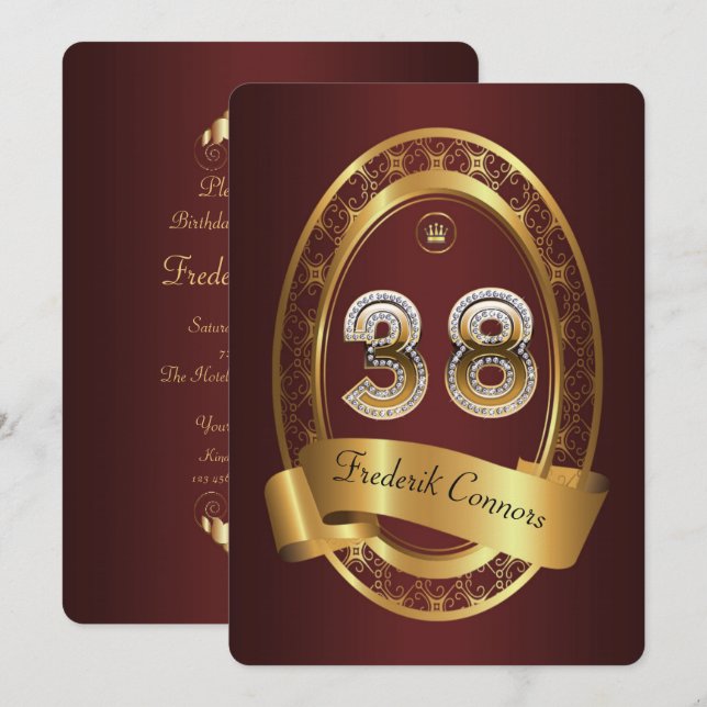 Invitation 38e anniversaire, homme de fête, couleur élégante (Devant / Derrière)