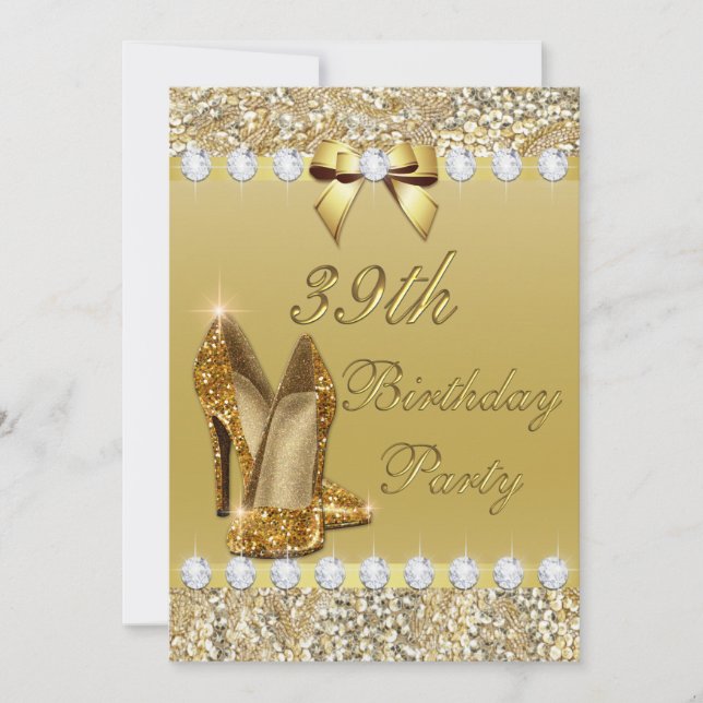 Invitation 39e Anniversaire Classy Talons d'or Séquins Diaman (Devant)