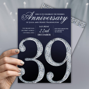 Invitation 39e Anniversaire Diamant Argent Bleu Marine