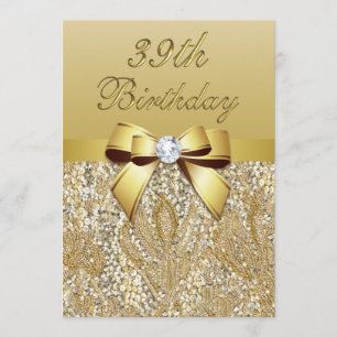 Invitation 39e anniversaire Séquins et Bow Gold Faux
