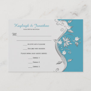 Invitation 3,5x5 Motifs Floraux Ornés Turquoise et Argent RSV
