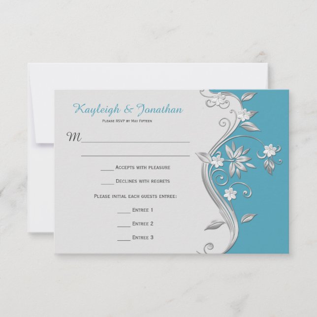 Invitation 3,5x5 RSVP avec tourbillons floraux sarcelle et ar (Devant)