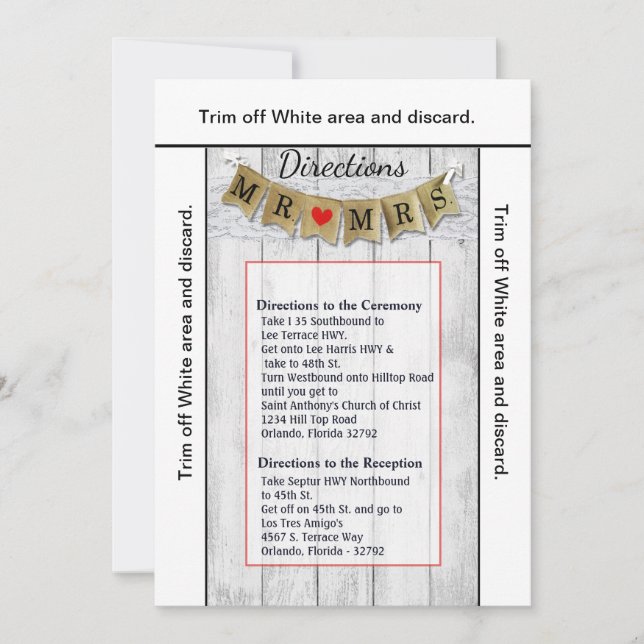 Invitation 3.5x6 Directions Card Burlap M et Mme Banner (Devant)