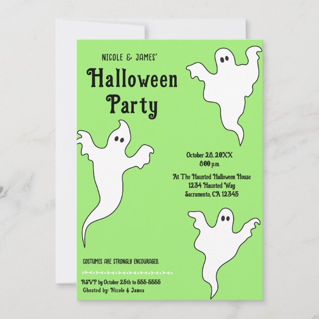 Invitation 3 Fêtes d'Halloween noir vert Fantômes (Devant)