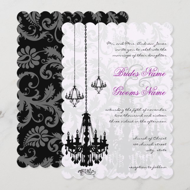Invitation 3 lustres noirs Shadow Mariage damassé (Devant / Derrière)