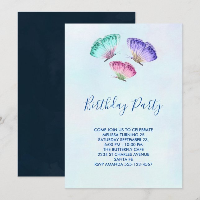 Invitation 3 Papillons couleur pastel Aquarelle Anniversaire (Devant / Derrière)