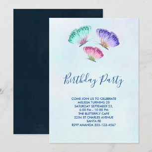 Invitation 3 Papillons couleur pastel Aquarelle Anniversaire