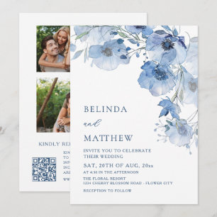 Invitation 3 Photos   Fleurs Aquarelle Bleue Mariage Casual