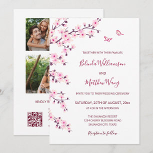 Invitation 3 Photos   Mariage Fleurs de Cerisier Roses et Bla
