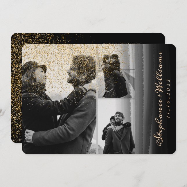 Invitation 3 photos parties scintillant or noir Mariage Aquar (Devant / Derrière)
