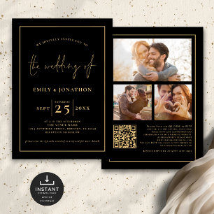 Invitation 3 Photos Script Line QR Code Black Gold Mariage