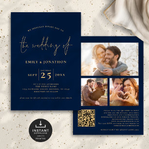 Invitation 3 Photos Script QR Code Marine Blue Gold Mariage