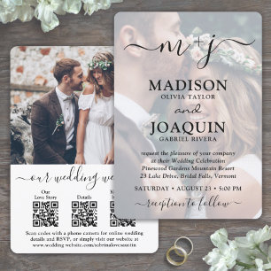 Invitation 3 QR Codes Élégant Script Tout-en-un Mariage photo