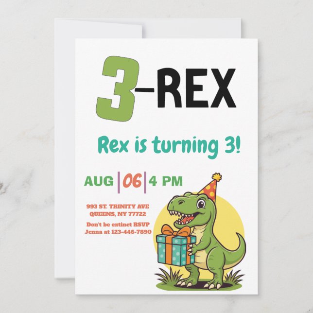 Invitation 3-Rex Dinosaur mignon 3-Rex anniversaire (Devant)