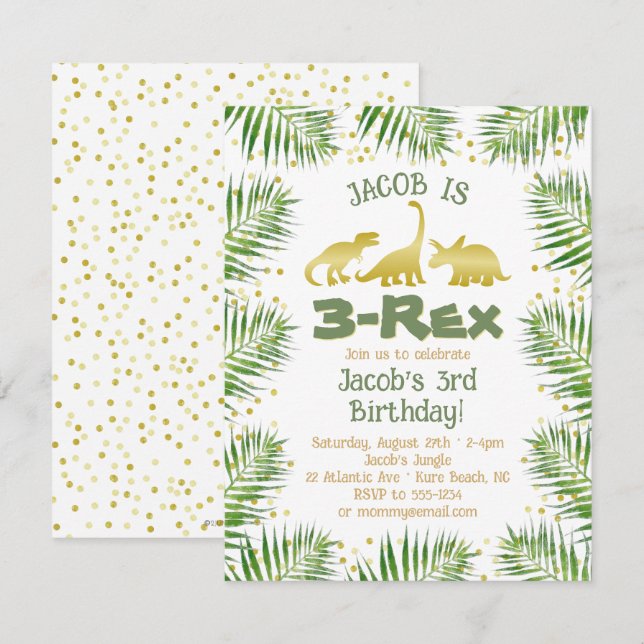 Invitation 3 Rex Dinosaur Tropical Green Boy 3e anniversaire (Devant / Derrière)
