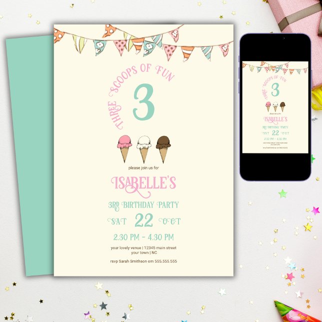 Invitation 3 Scoops of Fun 3ème anniversaire de la fête de la (Créateur téléchargé)