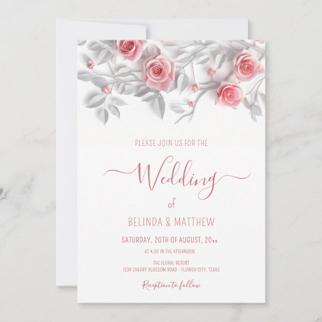 Invitation  3D Roses Simple White Floral Wedding (Devant)