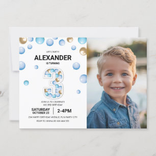 Invitation 3e anniversaire Boy Party Photo Blue Gold Balloon