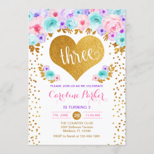 Invitation 3e anniversaire - Coeur d'or Turquoise rose pourpr
