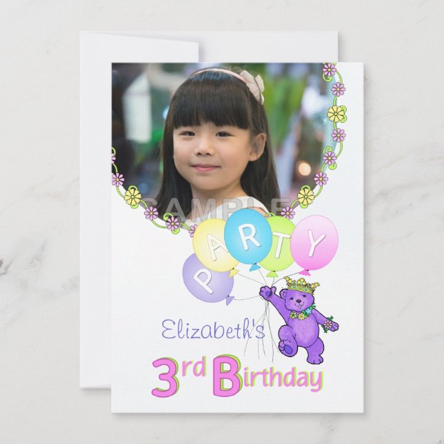 Invitation 3e anniversaire de fête Princesse Ours Photo perso (Devant)