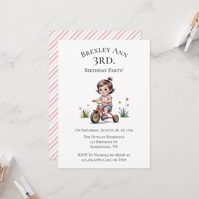 Invitation 3e. Anniversaire de la fille à une fête à vélo (Devant/Arrière en situation)