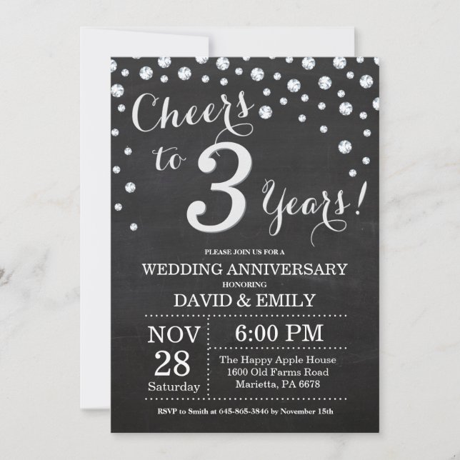 Invitation 3e anniversaire de mariage tableau noir argent (Devant)