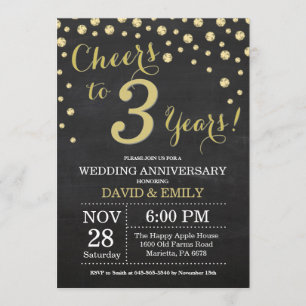 Invitation 3e anniversaire de mariage tableau noir et or