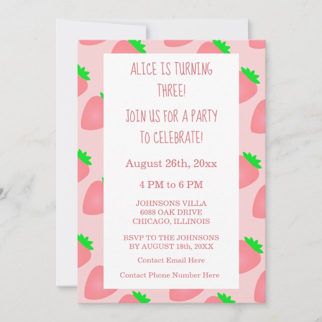 Invitation 3e anniversaire fraise rose bébé fille 2025 (Devant)