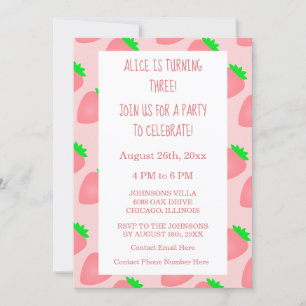 Invitation 3e anniversaire fraise rose bébé fille 2025