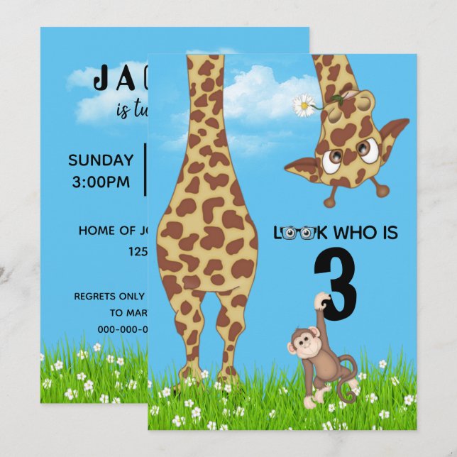 Invitation 3e anniversaire Giraffe et singe en herbe (Devant / Derrière)
