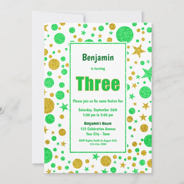 Invitation 3e anniversaire Green and Gold Spots and Stars Par (Devant)