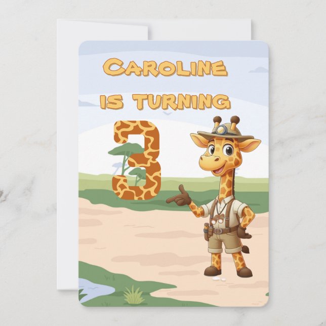 Invitation 3e anniversaire mignonne Explorer Giraffe sur safa (Devant)