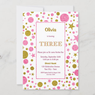 Invitation 3e anniversaire Parties scintillant rose et or