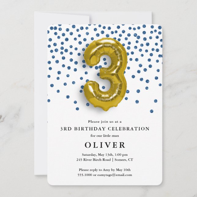 Invitation 3e anniversaire Royal Blue Confetti et Gold Balloo (Devant)