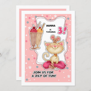 Invitation 3e fête d'anniversaire   Fun Kitty & Mice Personna