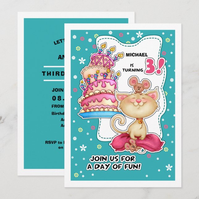 Invitation 3e fête d'anniversaire | Fun Kitty & Mice Personna (Devant / Derrière)