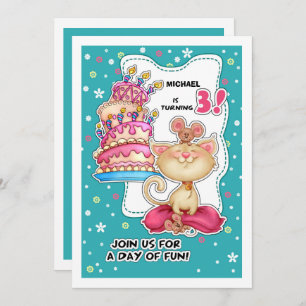 Invitation 3e fête d'anniversaire Fun Kitty & Mice Personna