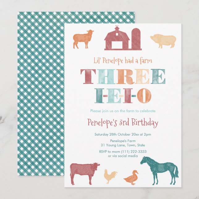 Invitation 3e fête d'anniversaire Genre Neutre Trois ferme de (Devant / Derrière)