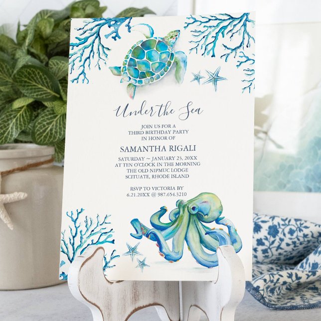 Invitation 3e fête d'anniversaire sous la mer (3rd birthday party invitations blue under the sea watercolor art by Victoria Grigaliunas)