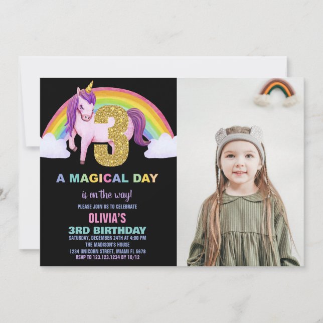 Invitation 3e Rainbow Unicorn photo d'anniversaire (Devant)