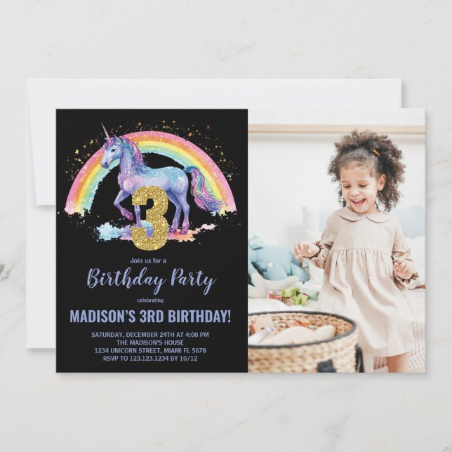 Invitation 3e Rainbow Unicorn photo d'anniversaire (Devant)