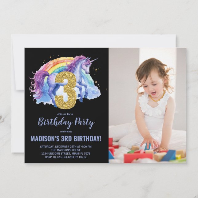 Invitation 3e Rainbow Unicorn photo d'anniversaire (Devant)