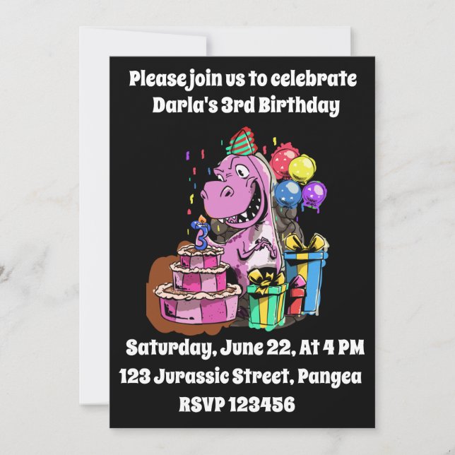 Invitation 3rd Birthday Dinosaur Girl Dino Bday (Devant)