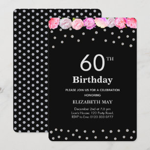 Invitation 40 ans, 60 ans Fleuris avec Diamants sur Fond Noir