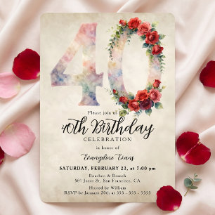 Invitation 40 ans aquarelle florale Rose Bourgogne