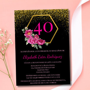 Invitation 40 ans, Élégant Noir & Or Rose Espagnol