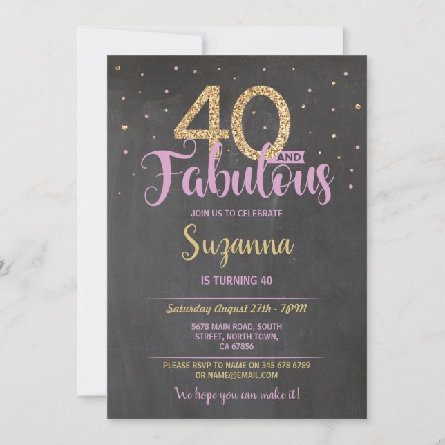 Invitation 40 et fabuleuse fête d'anniversaire 40e Pink Gold (Devant)