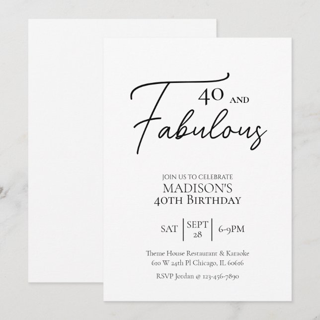 Invitation 40 et fabuleux 40e anniversaire noir et blanc (Devant / Derrière)